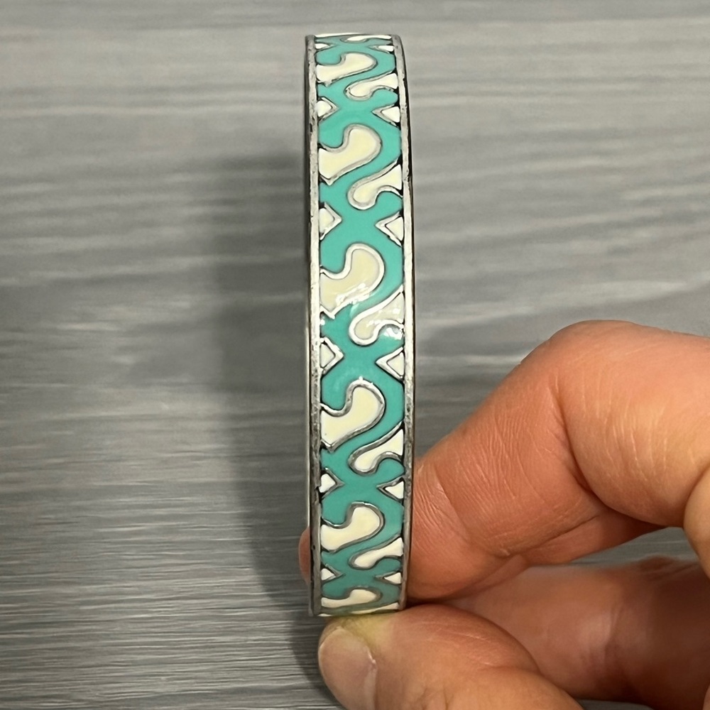 Lucky Brand Silver and Enamel Bangle Bracelet, White, Teal, Boho - Picture 3 of 6